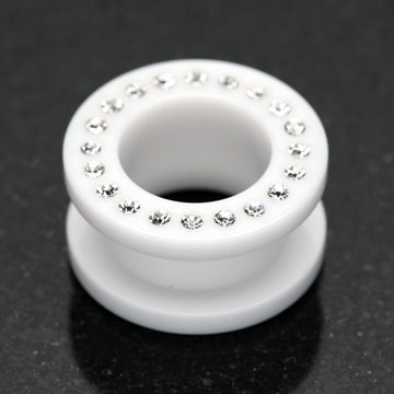 Detail View 1 of A Pair of Gems Encircle Screw-Fit Ear Gauge Tunnel Plug-White/Clear